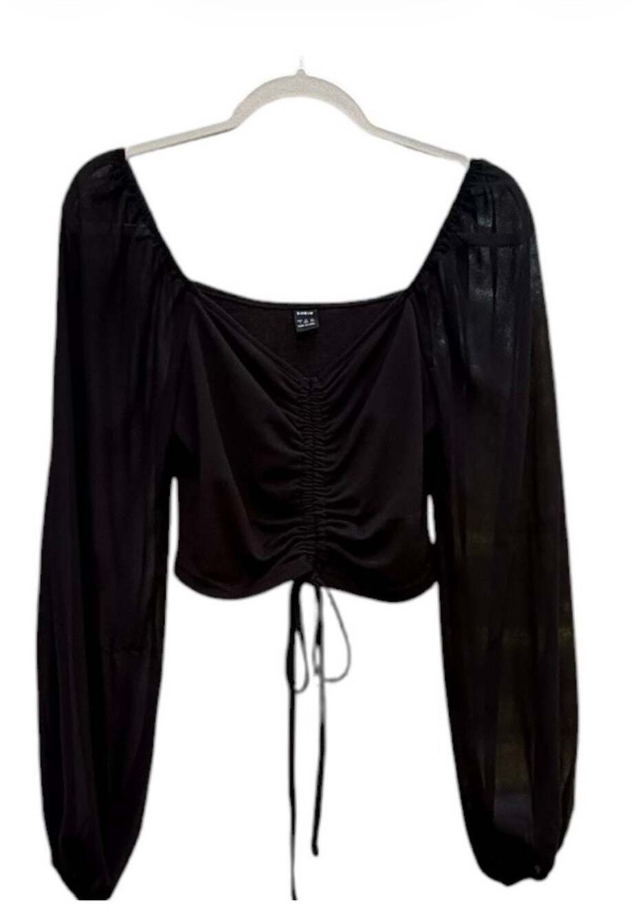 SHEIN Women's Long Sleeve Ruched Front Tie Detail Black Crop Top
